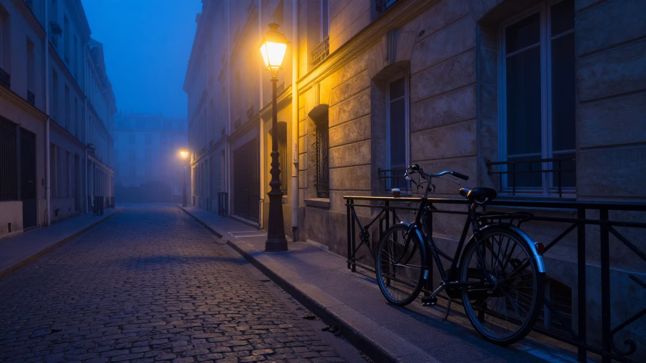 Predawn Parisian Street Scene with Bicycle and Coffee Cup in Early Morning Light in in Paris, France