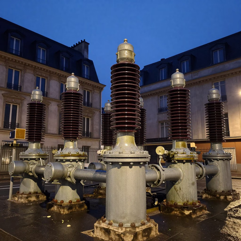 Predawn Parisian Substation Insulators Sparkling Under Floodlights in Early Morning Darkness in in Paris, France