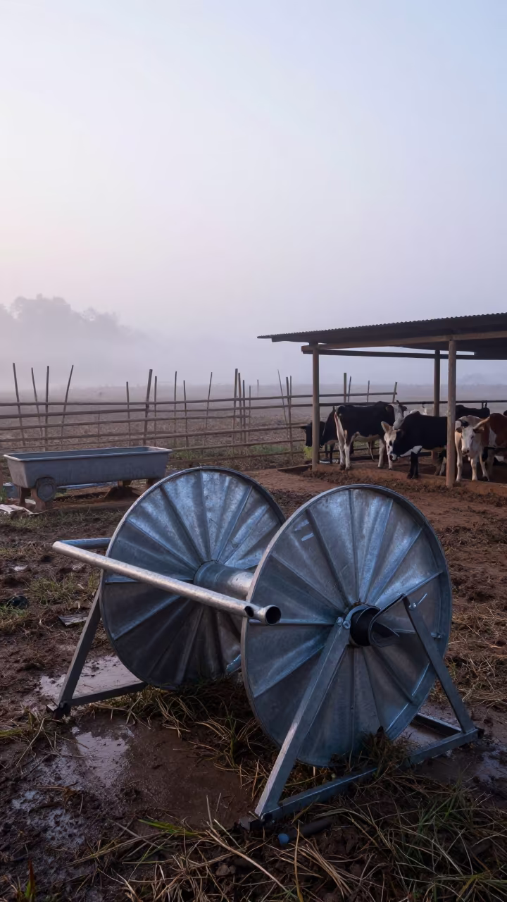 Predawn Pasture Reel Bin Near Windbreak Laos in near a windbreak and water trough in Laos