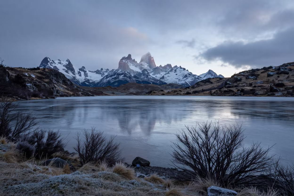 Predawn Patagonia Lake Reflects Winter Peak in in Patagonia