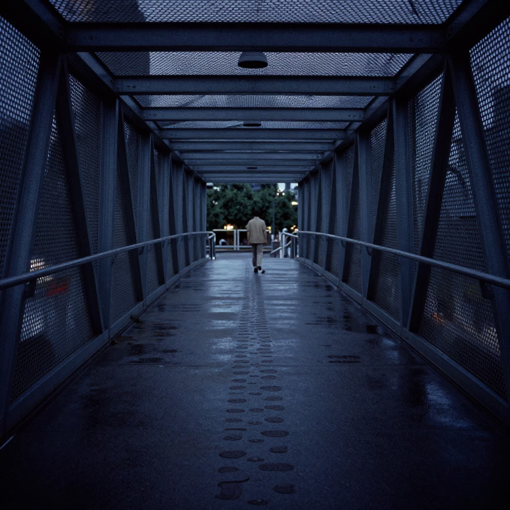 Predawn Pedestrian Overpass in Adelaide with Wet Footsteps and Metal Latch in in Adelaide, South Australia, Australia