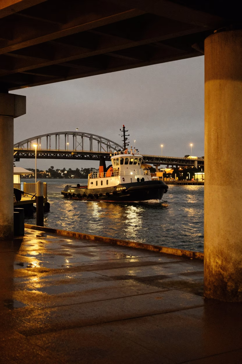 Predawn Perth Harbor Tugboat Activity Under Wet Drawbridge Deck Markings in in Perth, Western Australia, Australia