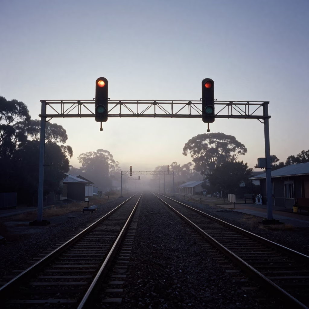 Predawn Perth Railway Signal Gantry Above Parallel Rail Lines in Mist in in Perth, Western Australia, Australia