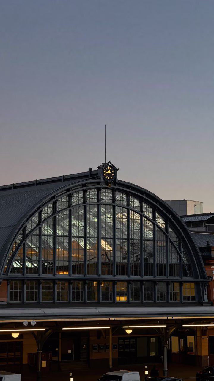 Predawn Perth Railway Station Glass Steel Arched Roof Urban Night Scene in in Perth, Western Australia, Australia