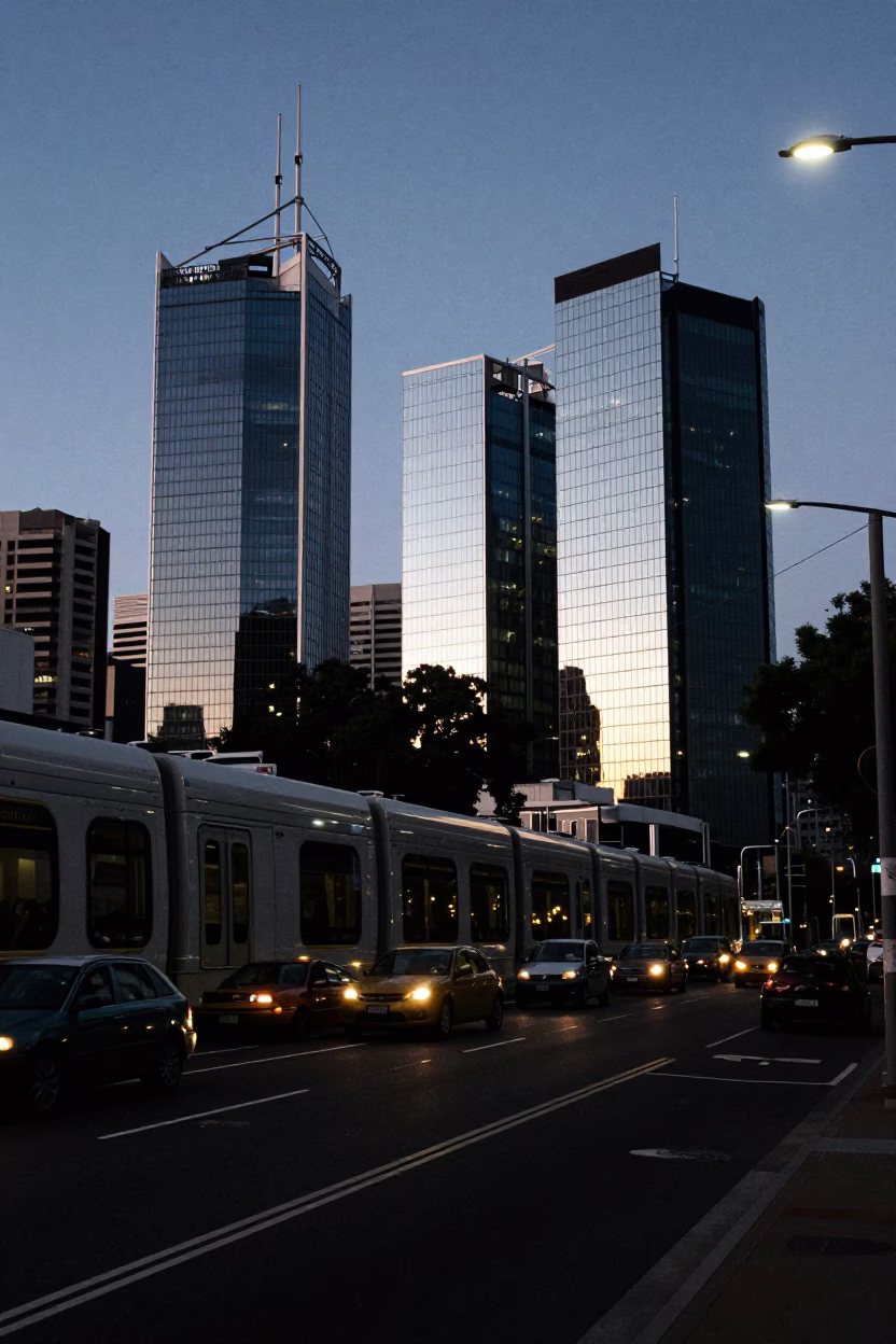 Predawn Perth Street Scene With Monorail And Glass Towers in in Perth, Western Australia, Australia