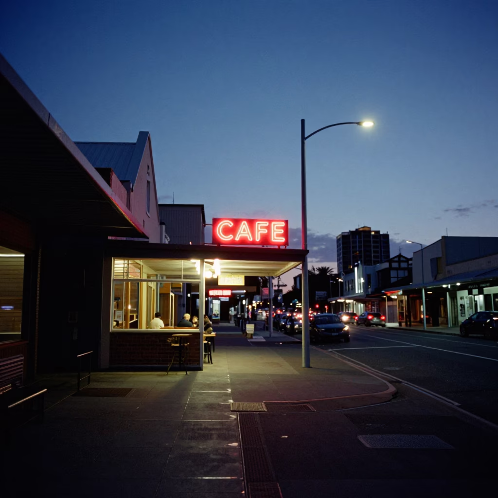 Predawn Perth Street Scene with Neon Cafe Sign and Coffee Cups in in Perth, Western Australia, Australia