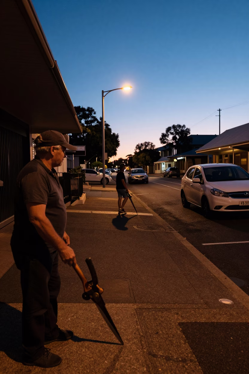 Predawn Perth Street Scene with Pruning Shears and Early Morning Market Activity in in Perth, Western Australia, Australia