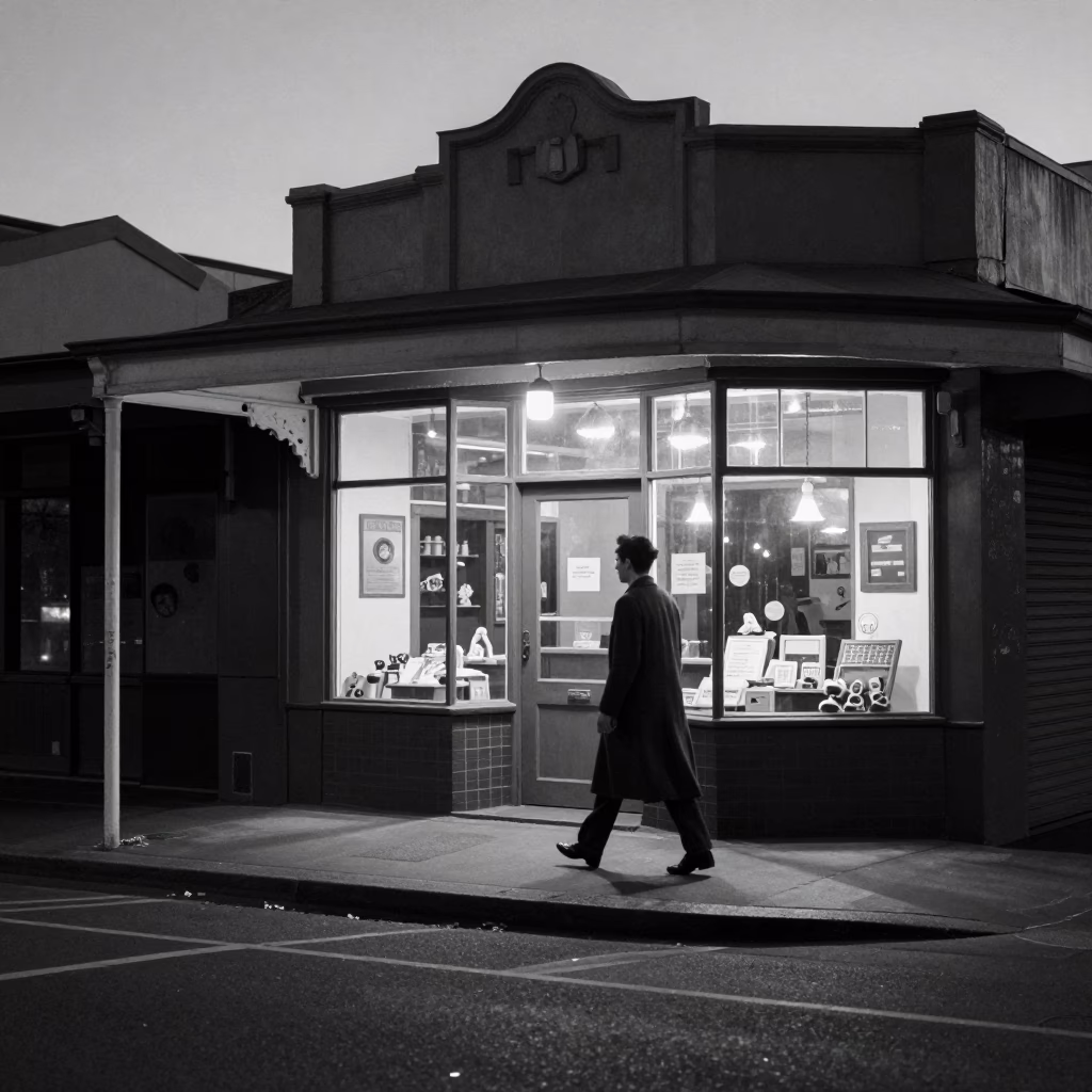 Predawn Perth Street Scene with Vintage 1950s Aesthetic and Local Details in in Perth, Western Australia, Australia