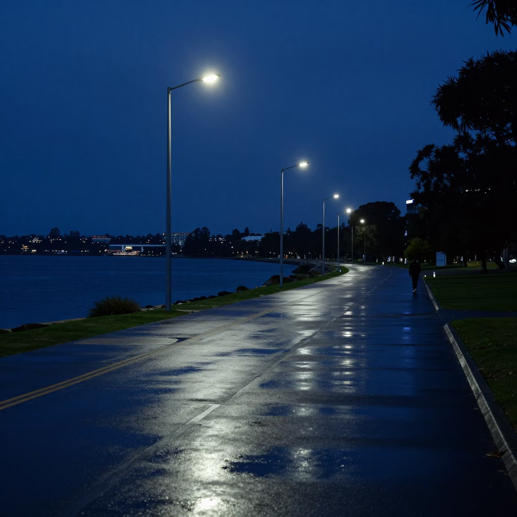 Predawn Perth Streetlights Reflect on Wet Asphalt Near Swan River Waterfront in in Perth, Western Australia, Australia