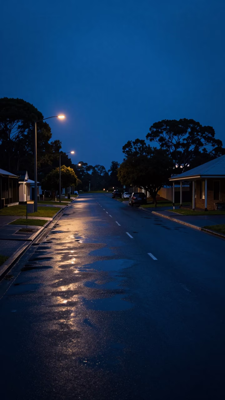 Predawn Perth Western Australia street scene with oil sheen puddles and urban infrastructure in in Perth, Western Australia, Australia