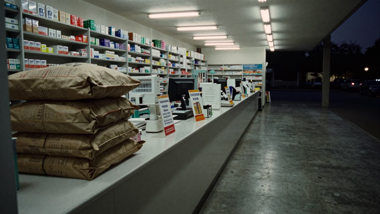 Predawn Pharmacy Counter in Sargodha in at a checkout lane under flat store light in Sargodha