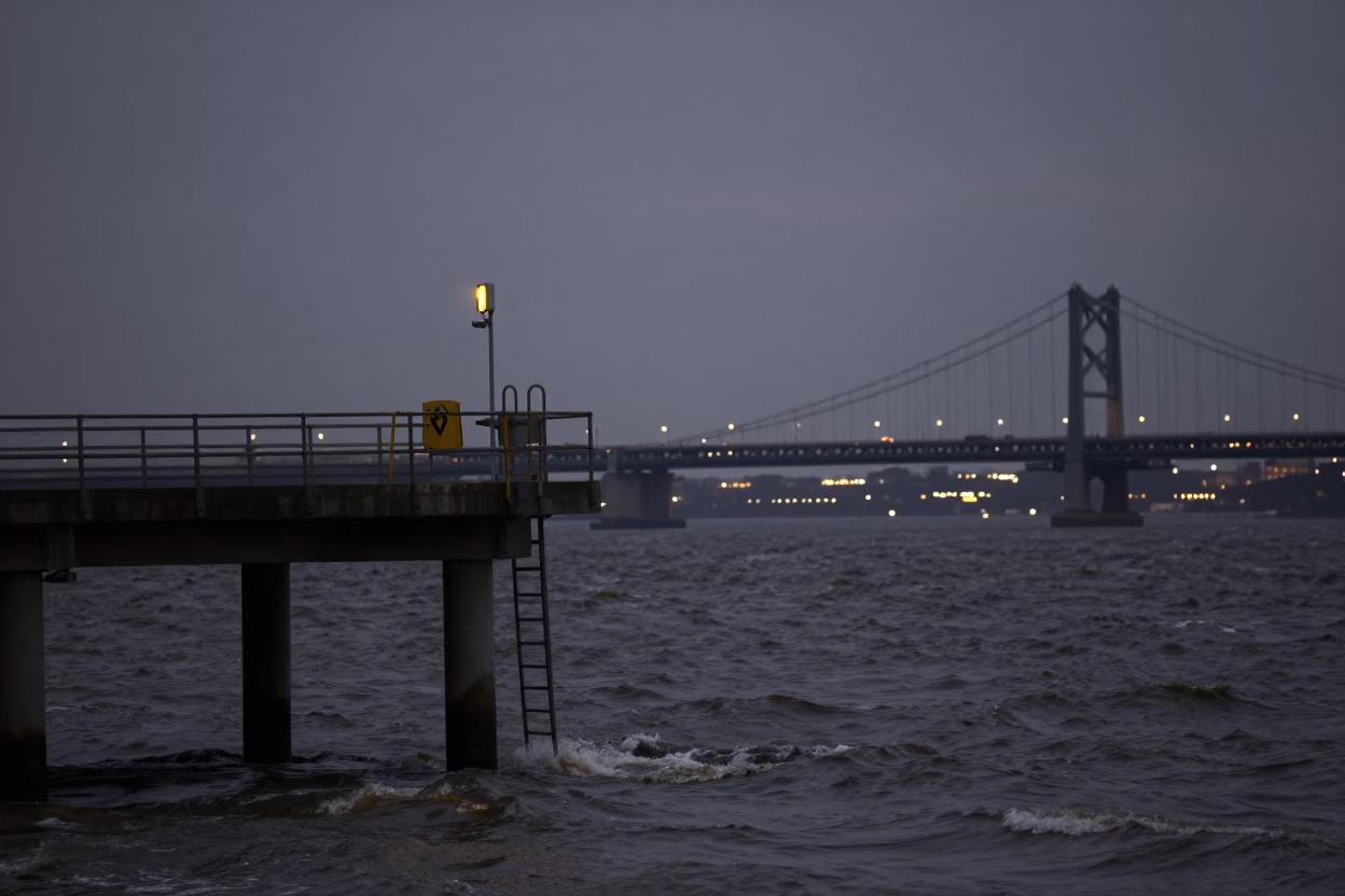 Predawn Philadelphia Bridge Pier Inspection Ladder Above Choppy Estuary Water in in Philadelphia, Pennsylvania, United States