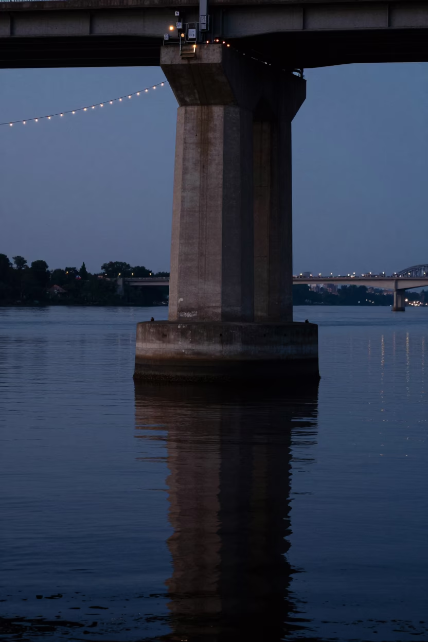 Predawn Philadelphia Bridge Pier Reflection in Still Water with String Lights in in Philadelphia, Pennsylvania, United States