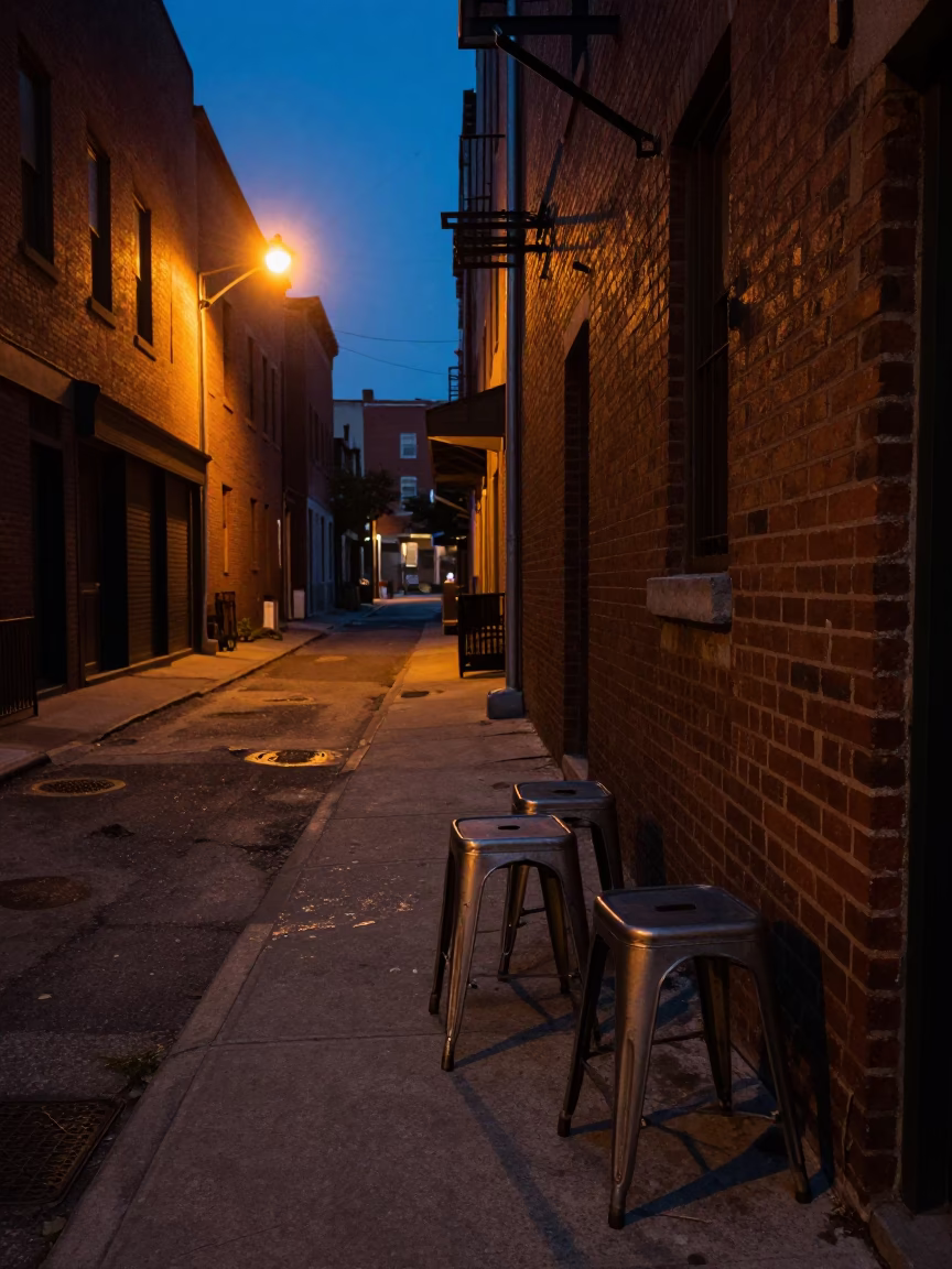 Predawn Philadelphia Street Corner with Metal Stools and Hanging Air Plants in Urban Alley in in Philadelphia, Pennsylvania, United States