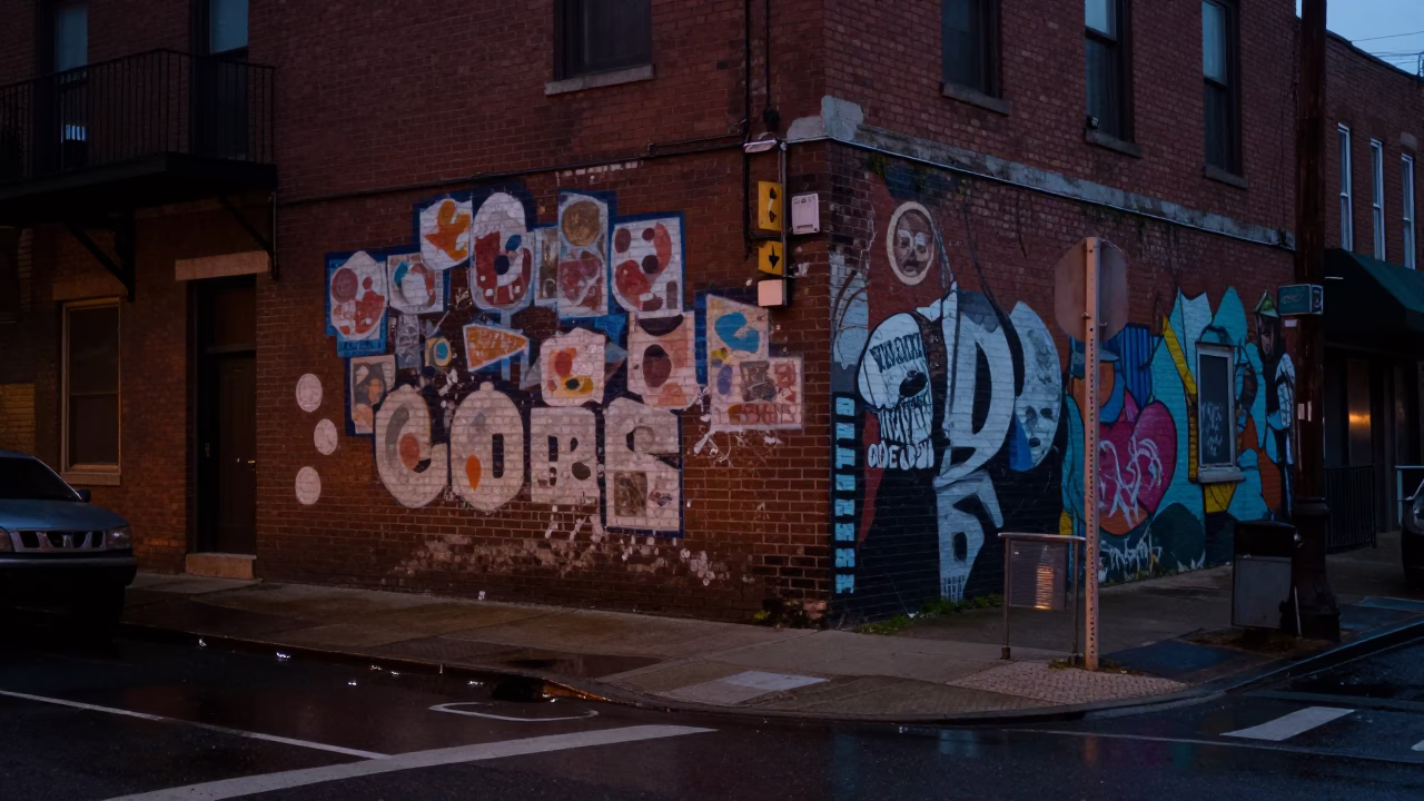 Predawn Philadelphia Street Corner with Wet Pavement and Faded Mural Under Dim Streetlight in in Philadelphia, Pennsylvania, United States