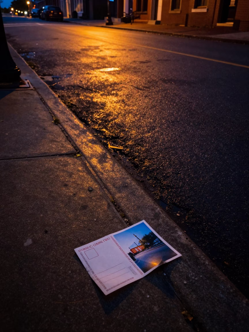 Predawn Philadelphia Street Corner with Wicker Shadow and Postcard Detail in Early Morning Darkness in in Philadelphia, Pennsylvania, United States