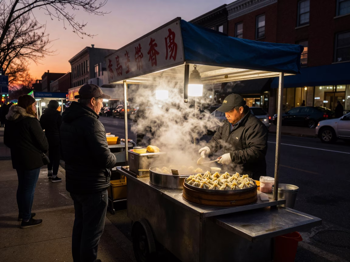Predawn Philadelphia Street Food Stall with Steaming Dumplings and Tea in in Philadelphia, Pennsylvania, United States