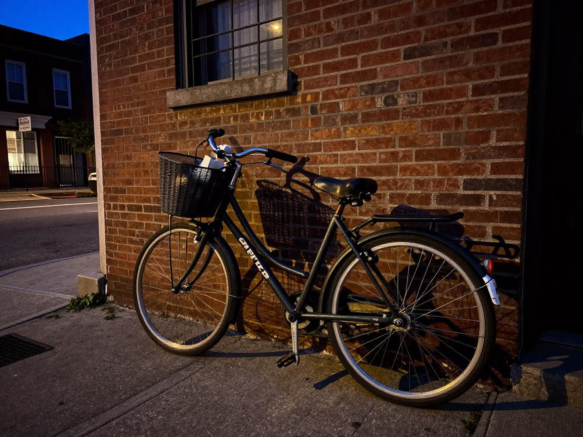Predawn Philadelphia Street Scene with Bicycle Basket and Urban Concrete Architecture in in Philadelphia, Pennsylvania, United States