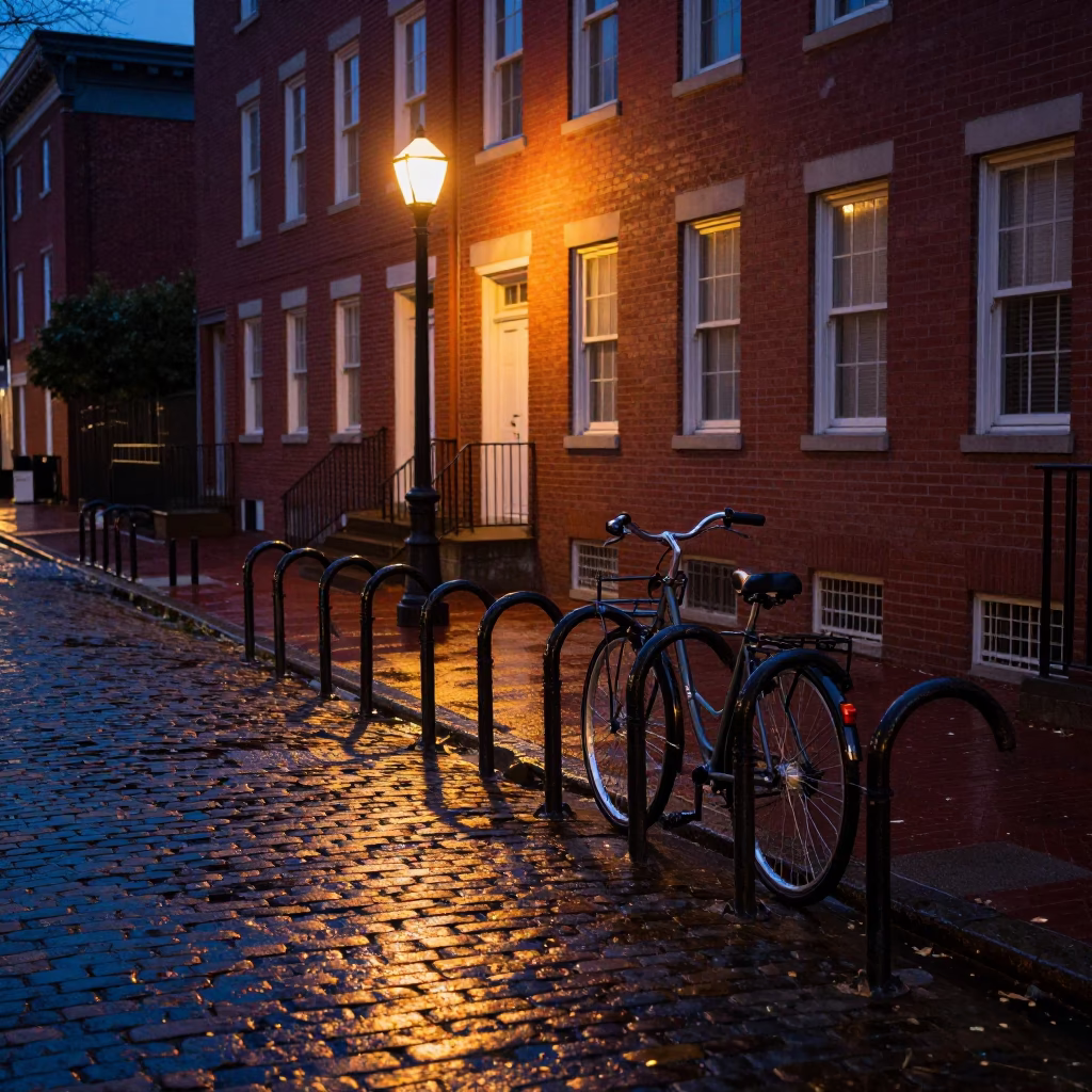 Predawn Philadelphia Street Scene with Bicycle Rack and Brick Building in in Philadelphia, Pennsylvania, United States