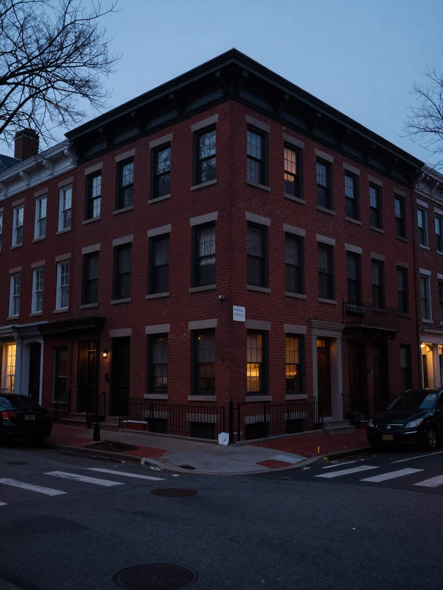 Predawn Philadelphia Street Scene with Brick Facades and Urban Shadows in in Philadelphia, Pennsylvania, United States