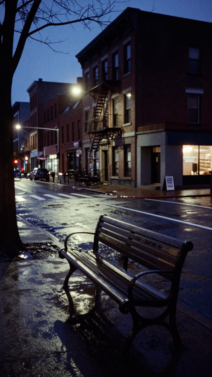 Predawn Philadelphia Street Scene with Condensation on Wet Bench Slats in in Philadelphia, Pennsylvania, United States