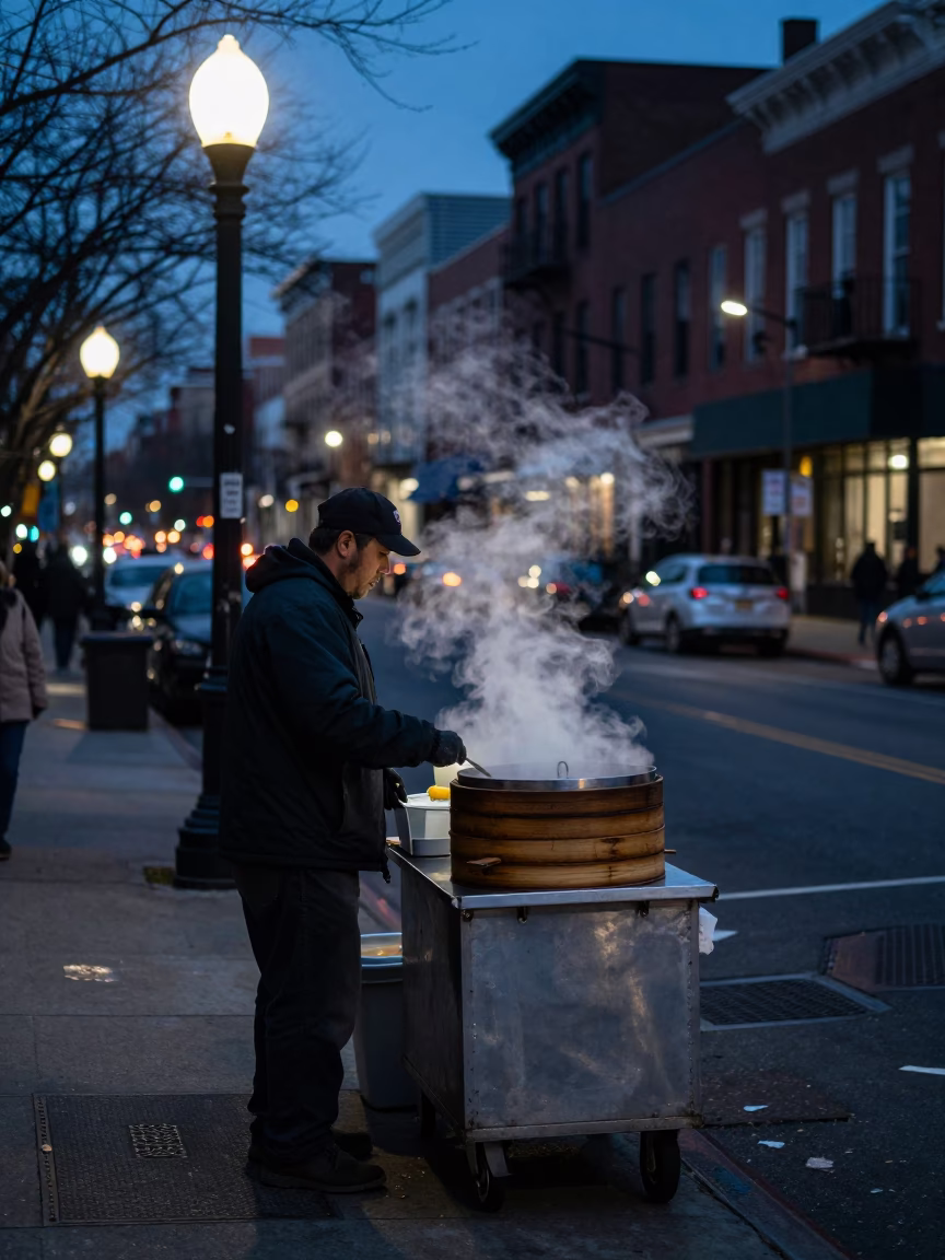 Predawn Philadelphia Street Scene with Food Vendor and City Lights in in Philadelphia, Pennsylvania, United States