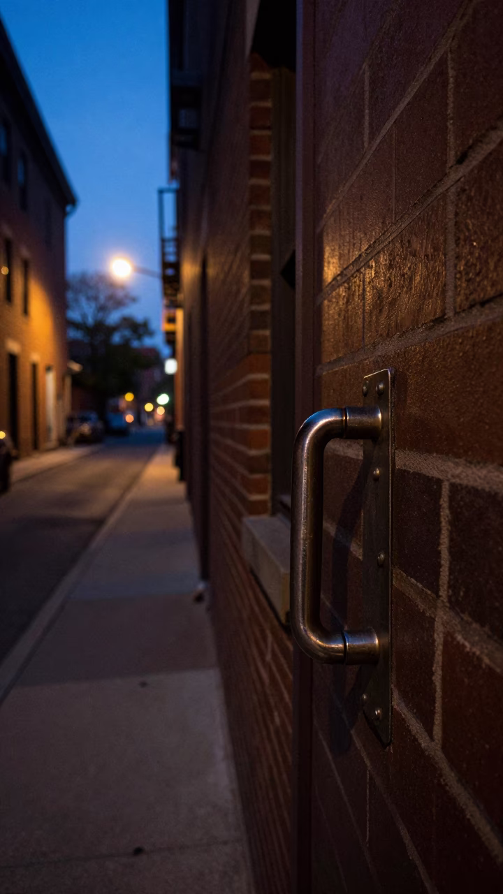 Predawn Philadelphia Street Scene with Metal Door Handle and Red Lacquered Wood Detail in in Philadelphia, Pennsylvania, United States