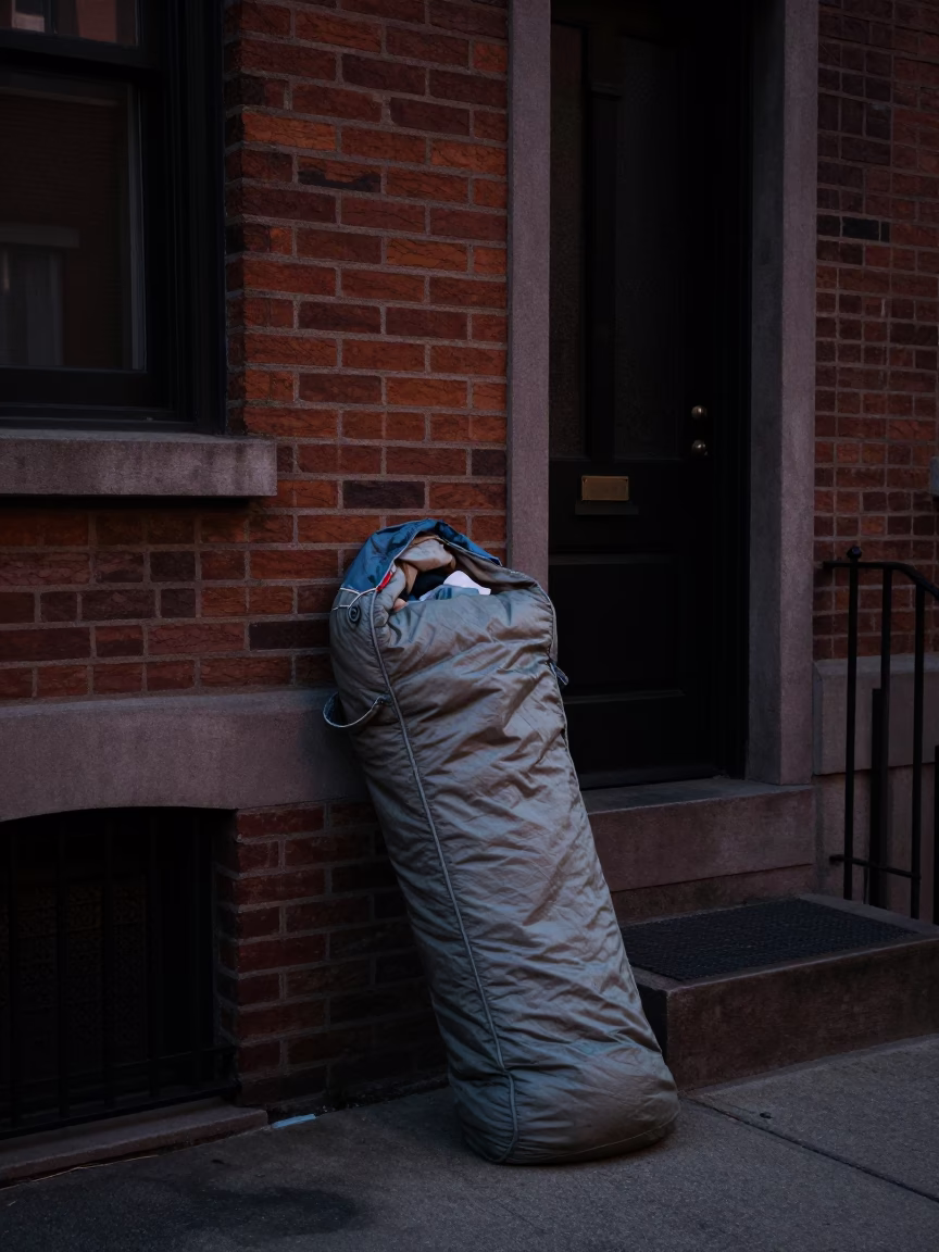 Predawn Philadelphia Street Scene with Sleeping Bag and Urban Concrete Details in in Philadelphia, Pennsylvania, United States
