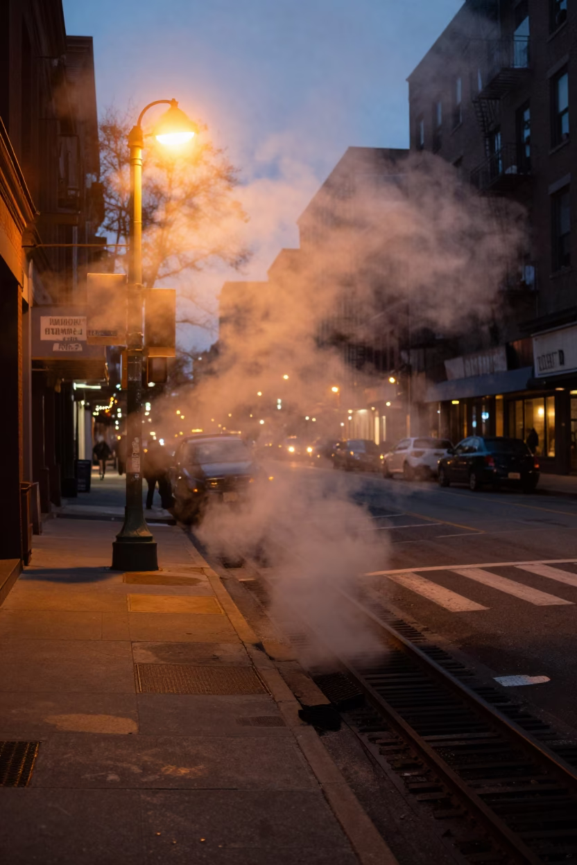 Predawn Philadelphia Street Scene with Steam Haze and Urban Solitude in in Philadelphia, Pennsylvania, United States