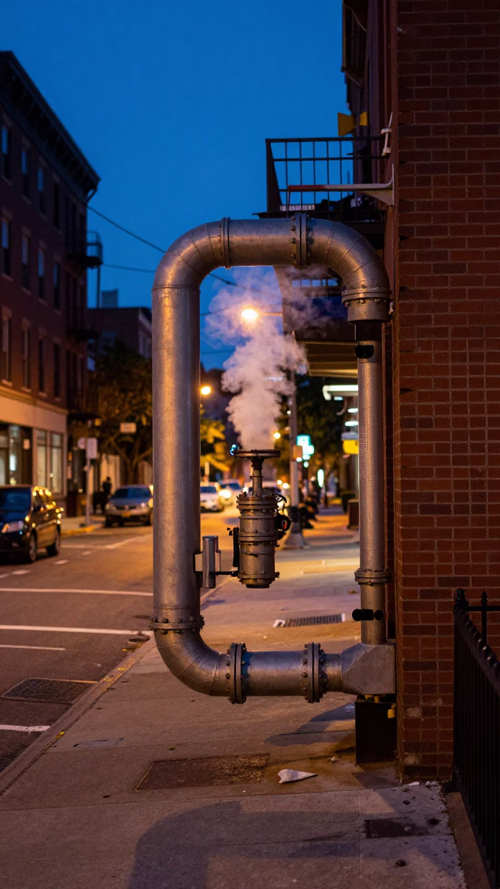 Predawn Philadelphia Street Scene with Steaming District Heating Pipe and Frost Coated Fencing in in Philadelphia, Pennsylvania, United States