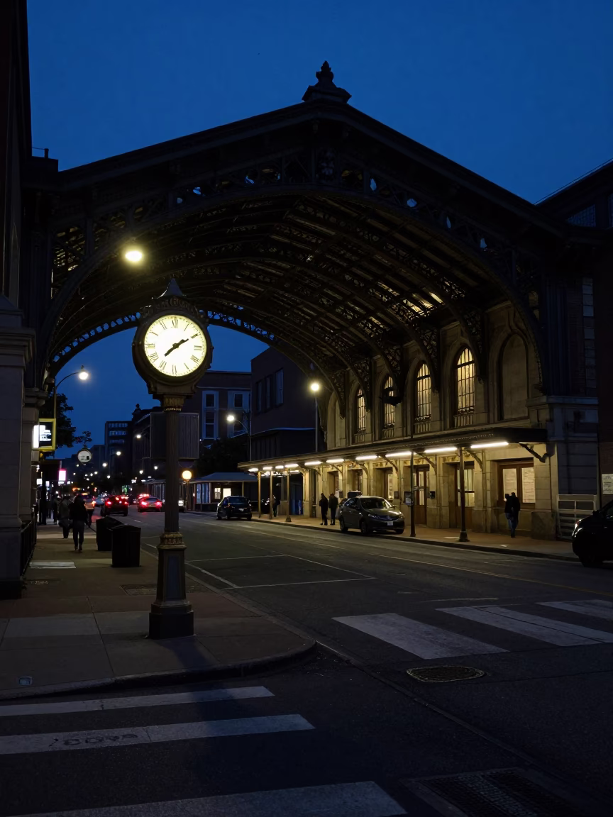 Predawn Philadelphia Street Scene with Train Station Clock and Urban Details in in Philadelphia, Pennsylvania, United States
