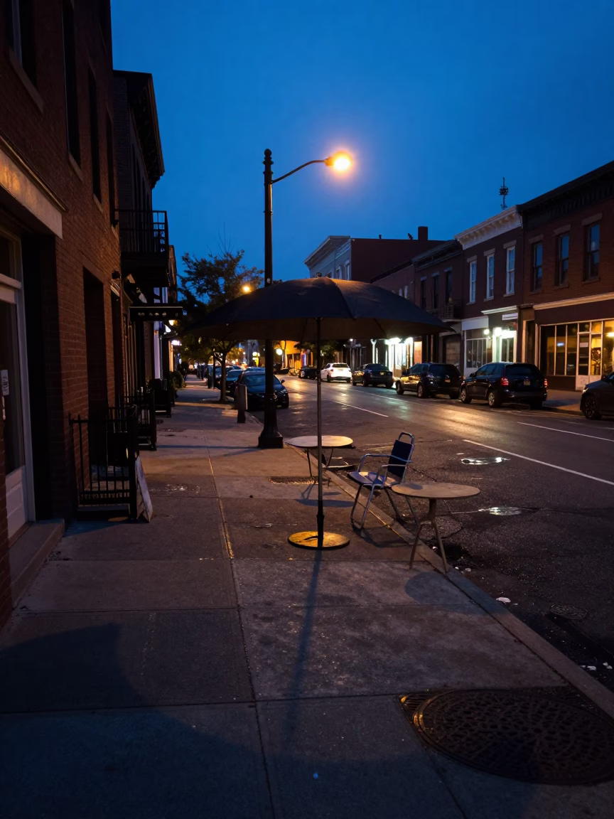 Predawn Philadelphia Street Scene with Umbrella Stand and Urban Concrete Details in in Philadelphia, Pennsylvania, United States