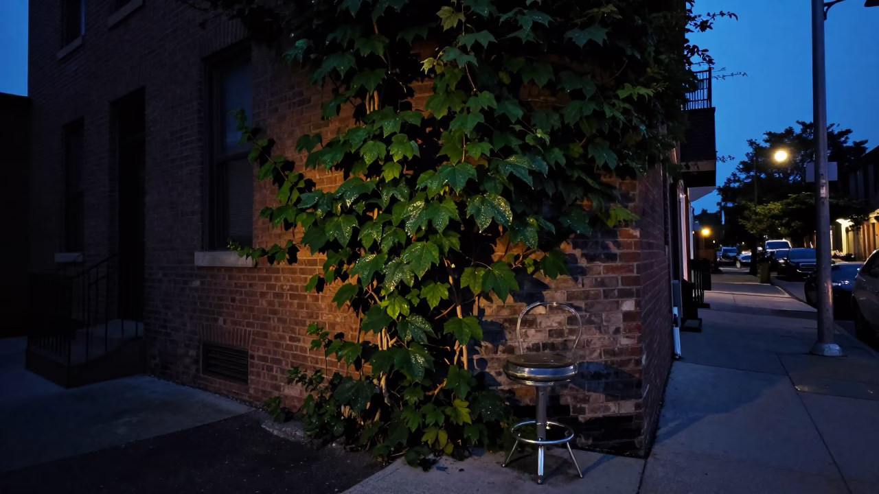 Predawn Philadelphia Street Scene with Vine and Glass Stool Leg in Urban Setting in in Philadelphia, Pennsylvania, United States