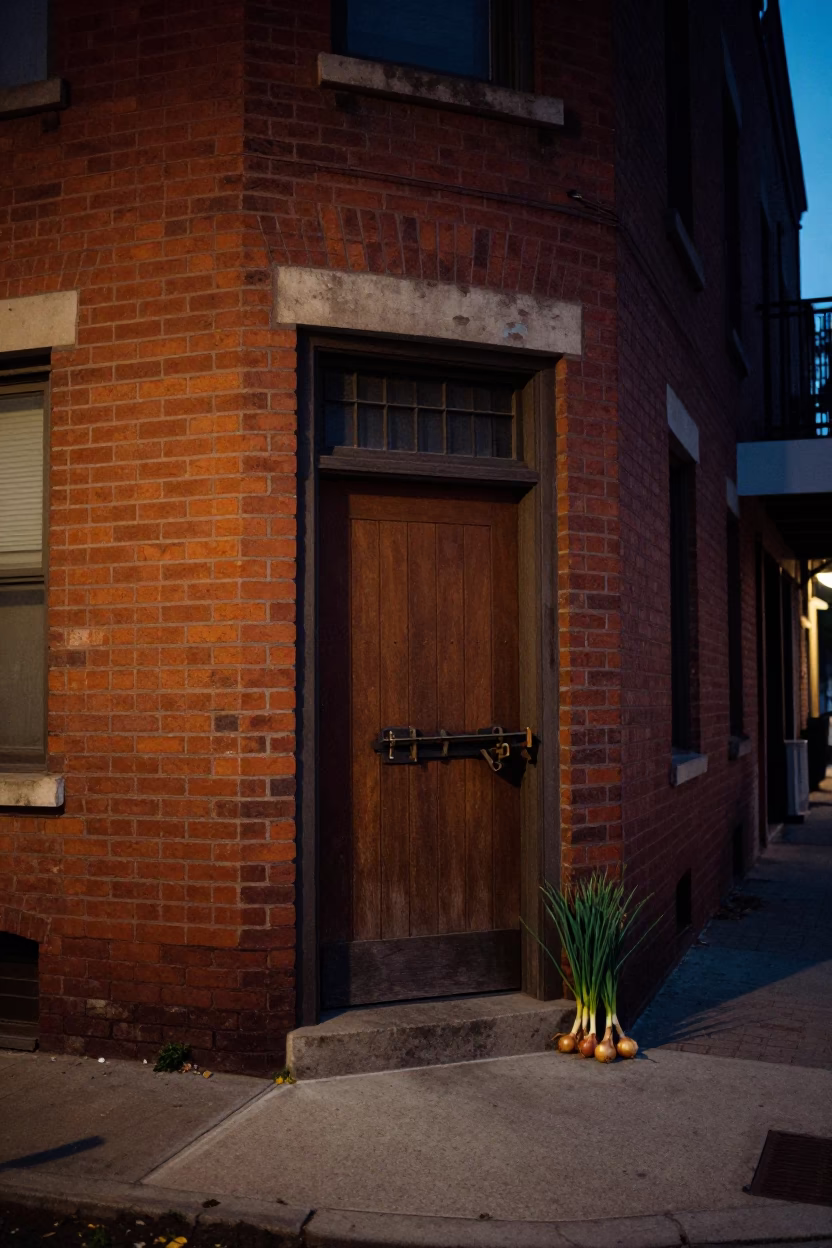 Predawn Philadelphia Street Scene with Vintage Latch and Onions in Dim Light in in Philadelphia, Pennsylvania, United States