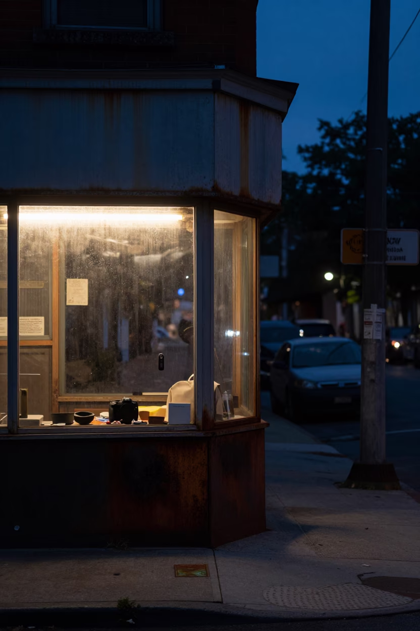 Predawn Philadelphia Street Scene with Window Light and Rusty Shelf Details in in Philadelphia, Pennsylvania, United States