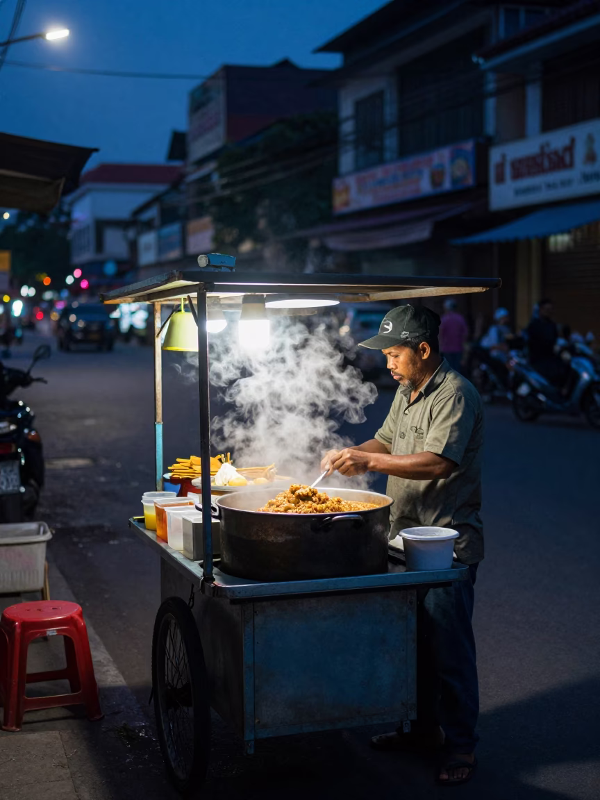 Predawn Phnom Penh Street Food Stall with Steam and Urban Shadows in in Phnom Penh, Cambodia
