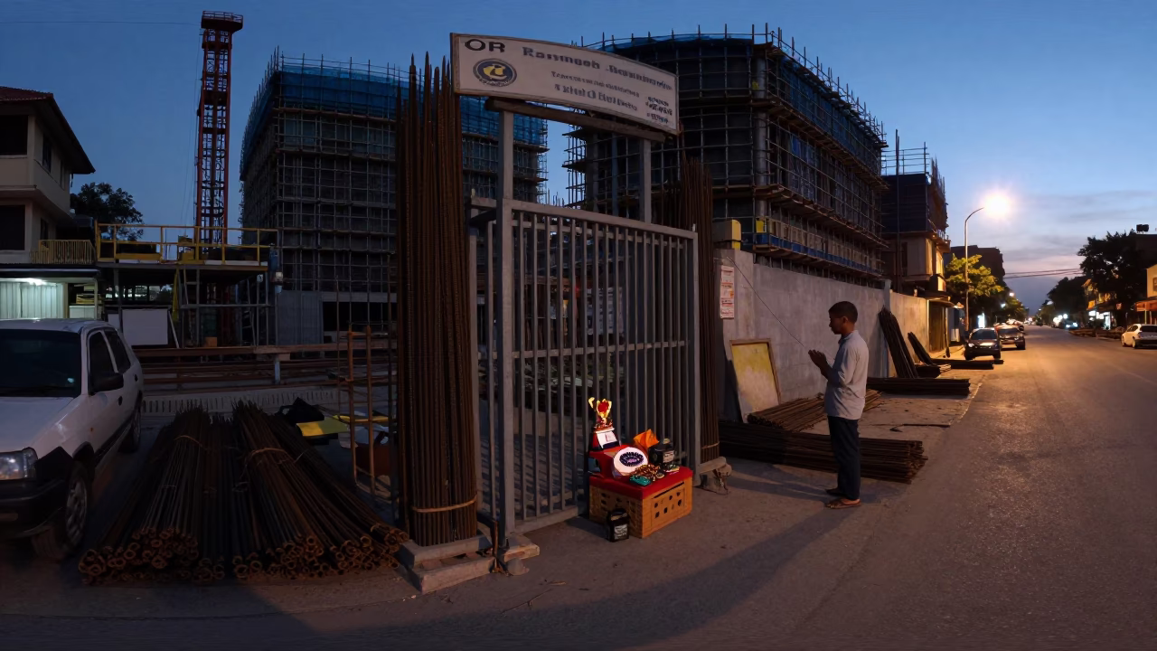 Predawn Phnom Penh Street Scene with Construction Site and Prayer Beads in in Phnom Penh, Cambodia