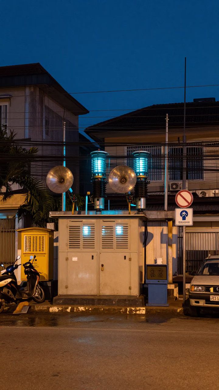 Predawn Phnom Penh Street Scene with Glowing Substation and Vintage Hotel Phone in in Phnom Penh, Cambodia