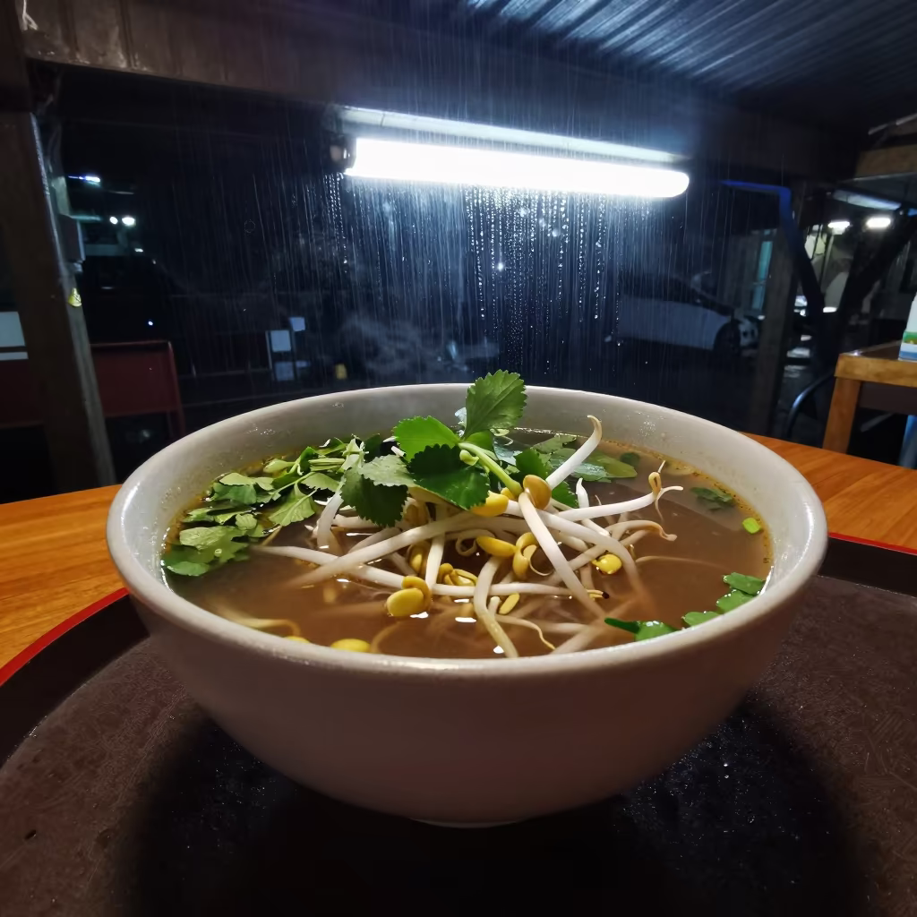 Predawn Pho Bowl with Herbs on Lacquered Tray in on a lacquered tray in Cebu