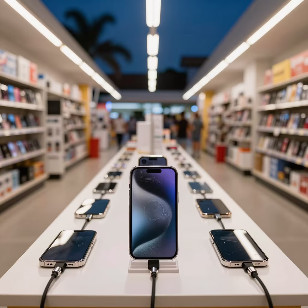 Predawn Phone Store Demo Table Chetumal in inside a bright retail aisle in Chetumal