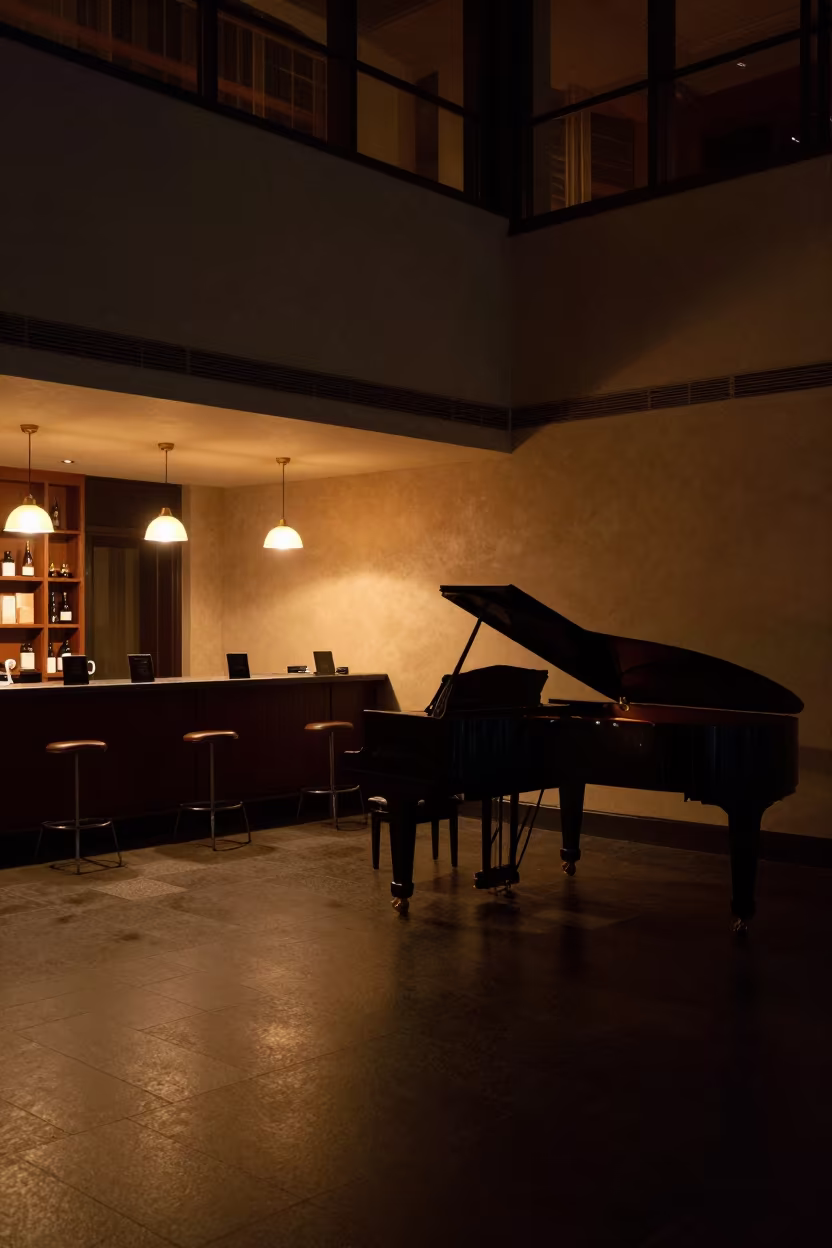 Predawn Piano Corner in Sydney Hotel Lobby in in a quiet guest corridor in Sydney