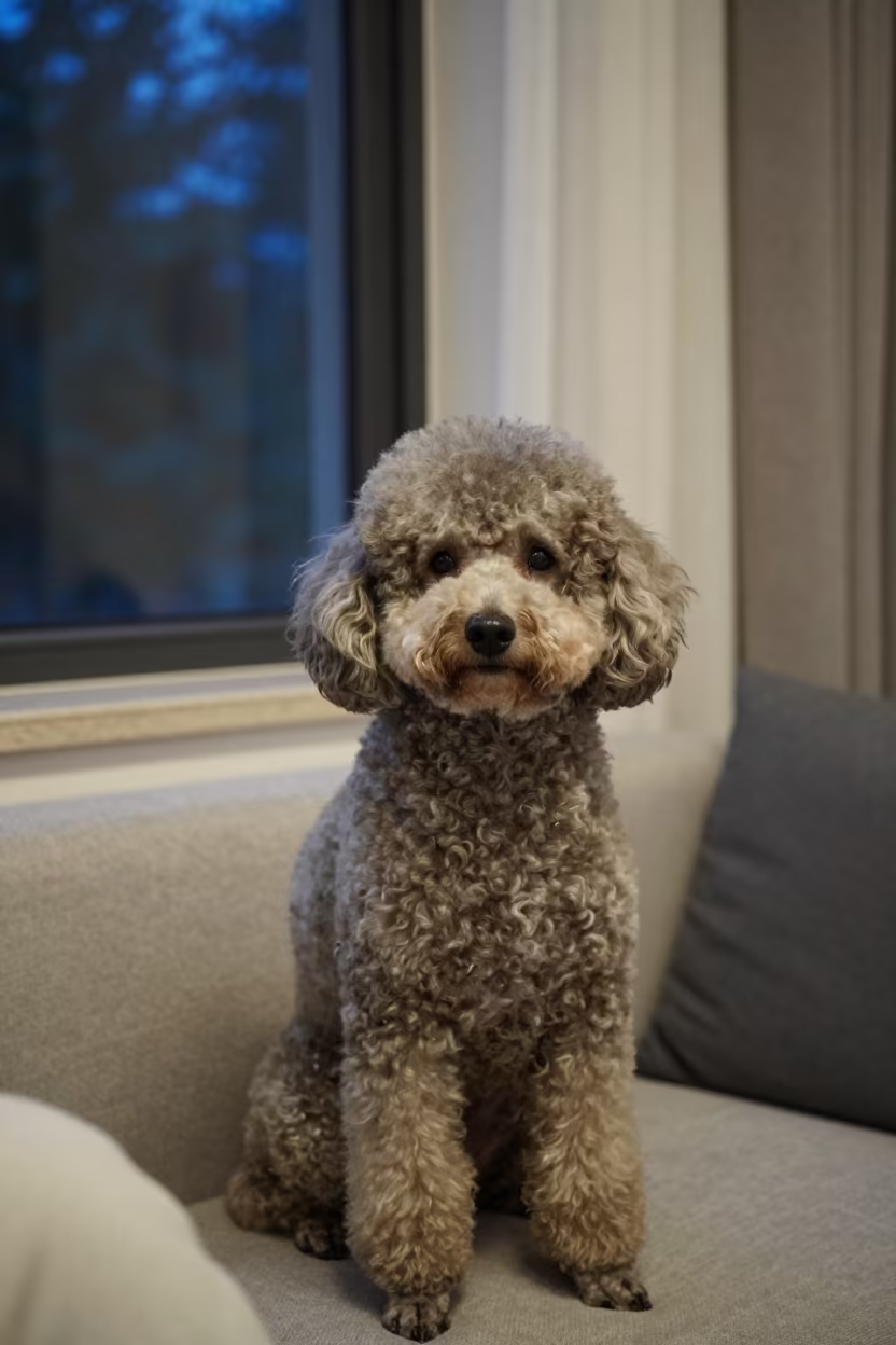 Predawn Poodle Portrait on Sofa Near Window in on a sofa near a curtained window with calm indoor light in Hefei