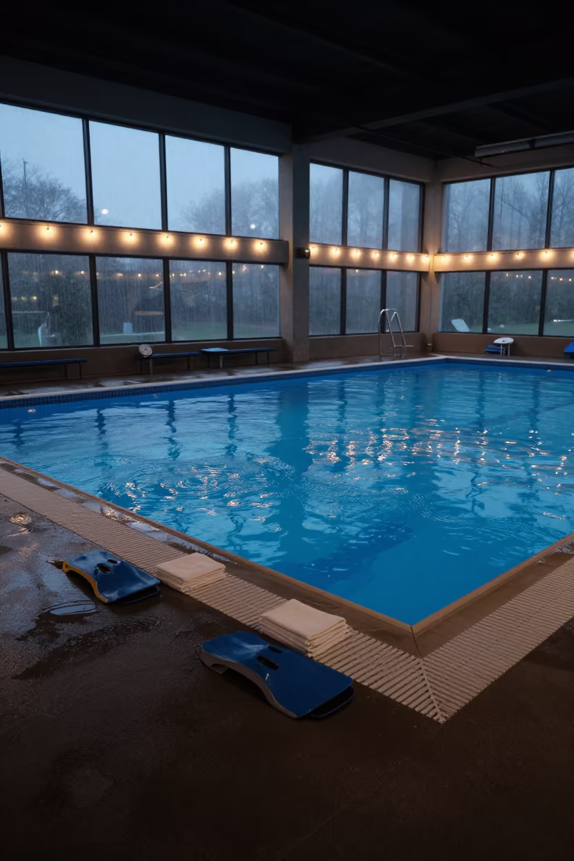 Predawn Pool Deck Glow with Towels and Clocks in inside a cardio floor facing tall windows near Udu