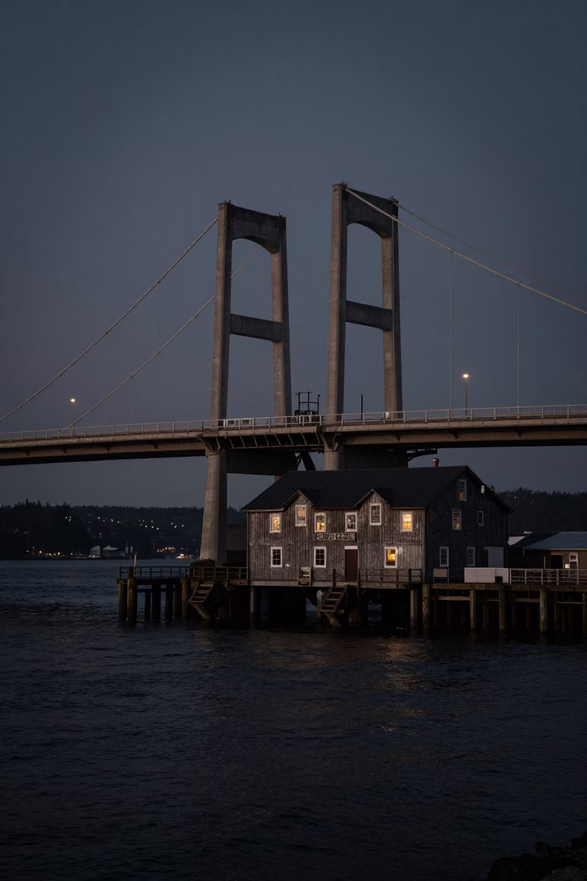 Predawn Portland Oregon Drawbridge Counterweight House Black Tidal Channel in in Portland, Oregon, United States
