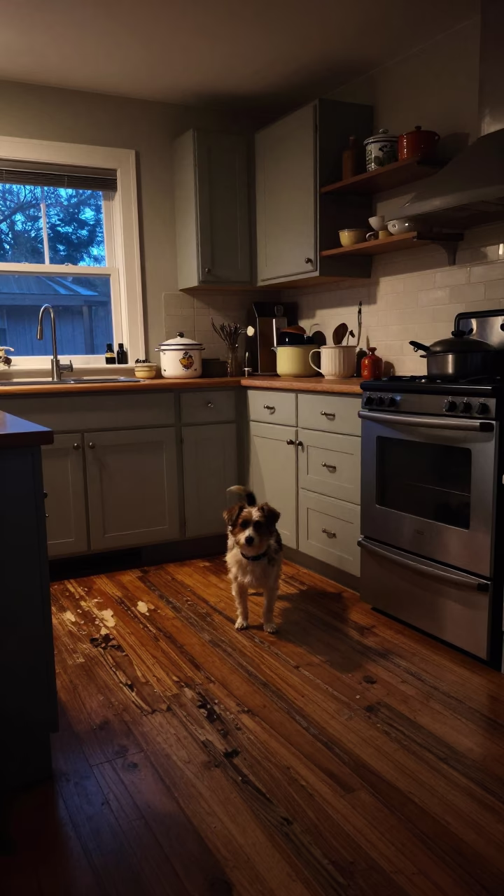 Predawn Portland Oregon Kitchen with Small Dog and Vintage Enamelware in in Portland, Oregon, United States