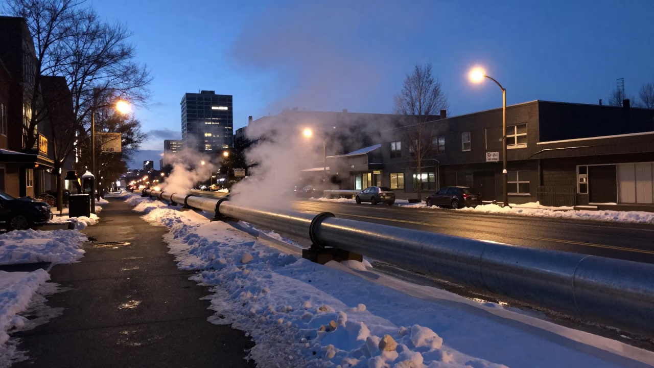 Predawn Portland Oregon Street Scene with District Heating Pipe Corridor in in Portland, Oregon, United States