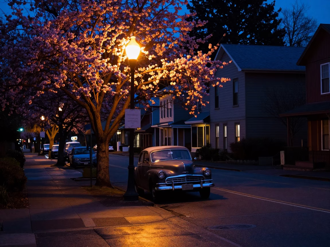 Predawn Portland Oregon Street Scene with Vintage Car and Dogwood Tree in in Portland, Oregon, United States