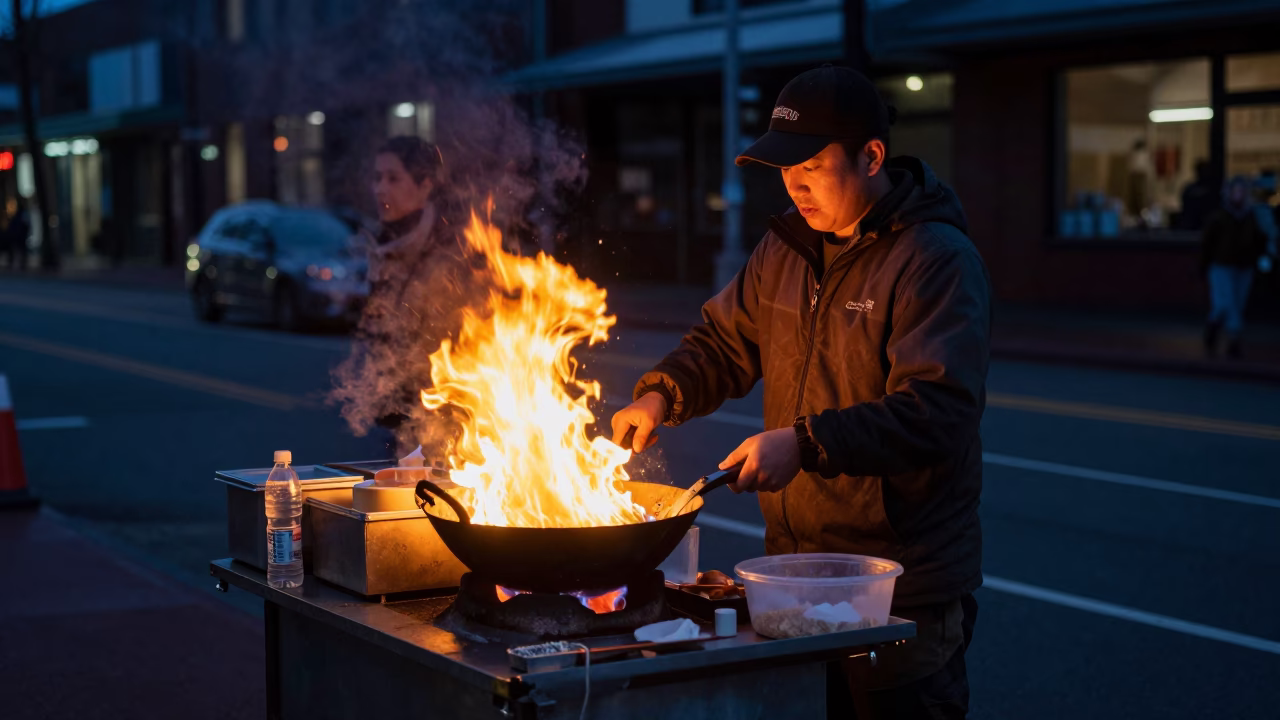 Predawn Portland Street Food Vendor with Wok Flames and Condensation in in Portland, Oregon, United States