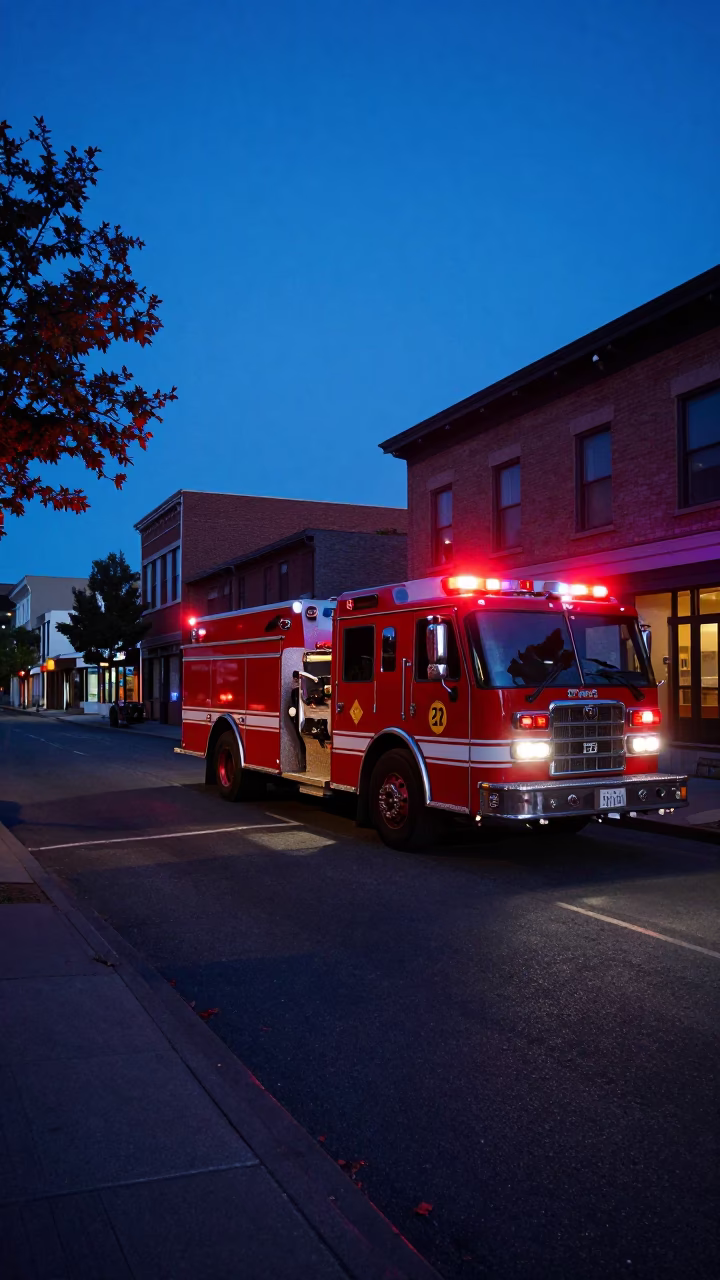Predawn Portland Street Scene with Fire Engine and Urban Light Reflections in in Portland, Oregon, United States