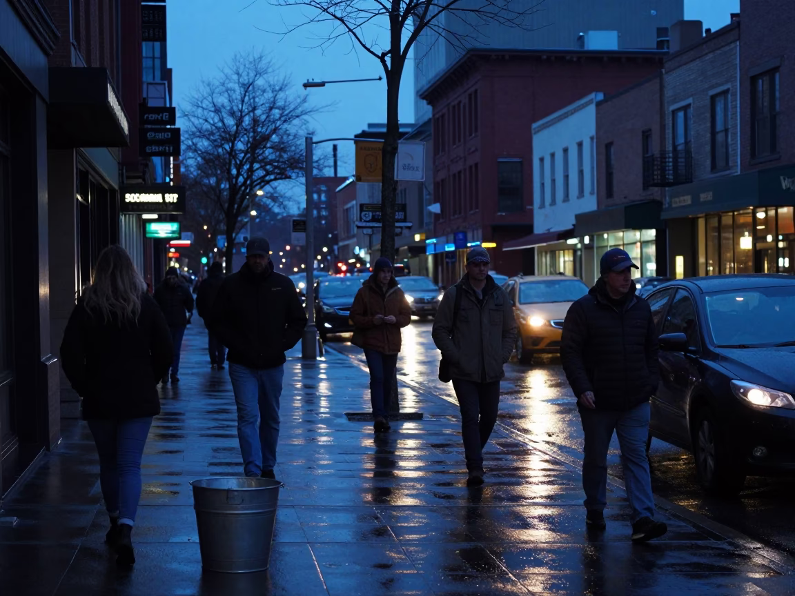 Predawn Portland Street Scene with Metal Bucket and Busy Urban Atmosphere in in Portland, Oregon, United States